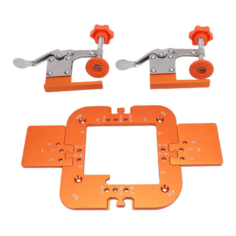 Precision Router Corner Radius Template Set R20 R25 R30 R35 with Secure Board Locking Clamp, orange aluminum components for woodworking.