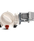 No Fuss Front Load Washer Drain Pump Filter Assembly Replacing Part 280187 And 8181684 showing the motor and filter unit from the side.