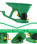 Grass Seed Spreader And Fertilizer Spreader For Lawn And Garden Use, Handheld 1.5L Capacity, shown in green plastic with crank.
