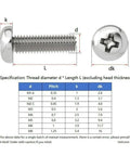 Prime Grade Pure Titanium Phillips Cross Screws M6 M8 Pan Fasteners specifications with thread diameter and length measurements.