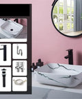 USZWBY Vanity Sink Imitation Marble Pattern Vessel Above Counter Basin Art Ceramic Bathroom Sink Modern Countertop Luxury Balcony, square shape with black faucet.