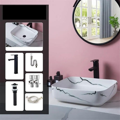 USZWBY Vanity Sink Imitation Marble Pattern Vessel Above Counter Basin Art Ceramic Bathroom Sink Modern Countertop Luxury Balcony, square shape with black faucet.
