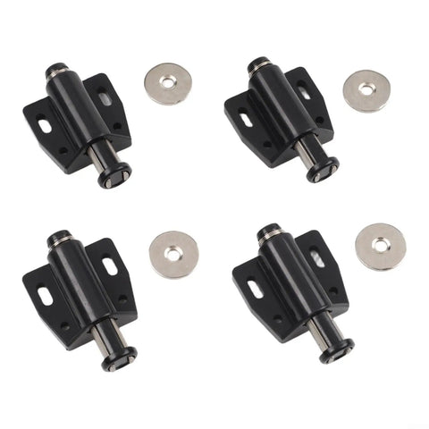 4 Pack Magnetic Push To Open Cabinet Latches Handleless Door Catches spring loaded black finish, components displayed