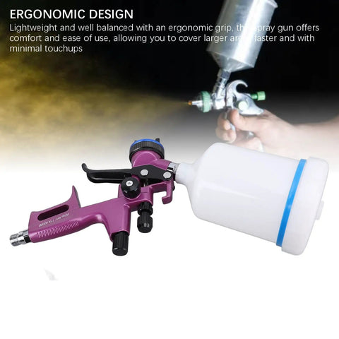 Lightweight HVLP Paint Sprayer Kit With Adjustable Flow Dial For Drywall And Car Panels, ergonomic purple handheld spray gun.