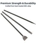 Angled view of three 24-inch SDS Max masonry chisels set: 1-in flat, point, and 3-in scaling in steel