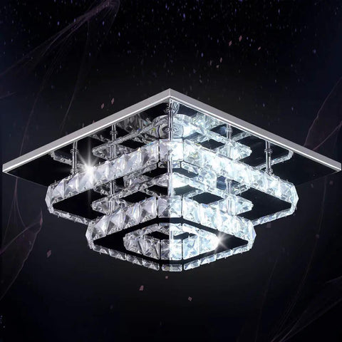 9.8 Inch Square Crystal Flush Mount LED Ceiling Light with 3 Color Temperatures and K9 Crystal Mirror Base