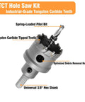Angled side view of 2-inch TCT hole saw kit with tungsten carbide teeth, spring-loaded pilot bit, and 3/8-in hex shank