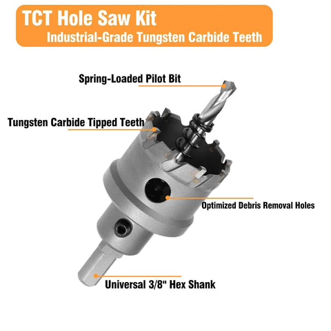 Angled side view of 2-inch TCT hole saw kit with tungsten carbide teeth, spring-loaded pilot bit, and 3/8-in hex shank