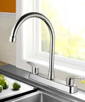 Heavy Duty Two Handle Kitchen Sink Faucet Slick Chrome Finish 360 Swivel High Arch Design Three Hole Deck Mount Tap with vegetables.