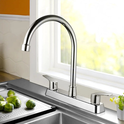 Heavy Duty Two Handle Kitchen Sink Faucet Slick Chrome Finish 360 Swivel High Arch Design Three Hole Deck Mount Tap with vegetables.
