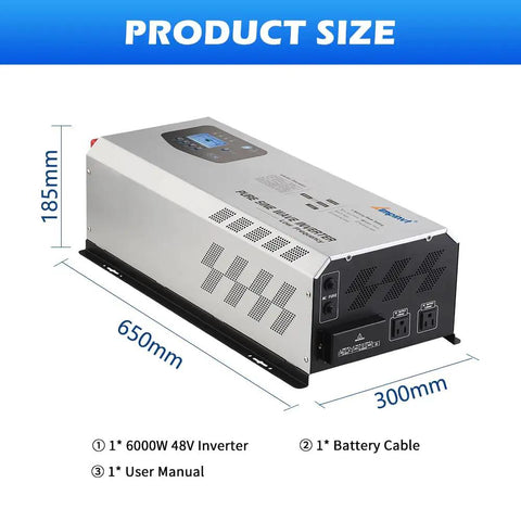 Heavy Duty 6000 Watt Pure Sine Wave Off Grid Power Inverter With Built In Battery Charger And Auto Transfer Switch 48V Dc To 120V 240V Ac Split Phase Rock Solid Backup size dimensions shown from side view
