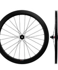 Front and side view of Dope Carbon Road Bike Disc Brake Wheelset With 55mm Clincher Tubeless Ready Rim 25mm Width UD Matte Finish 700C QR Front 9x100mm