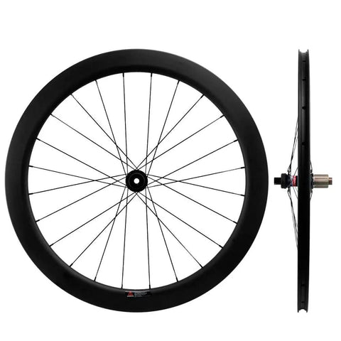 Front and side view of Dope Carbon Road Bike Disc Brake Wheelset With 55mm Clincher Tubeless Ready Rim 25mm Width UD Matte Finish 700C QR Front 9x100mm