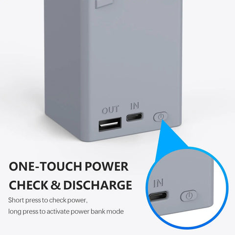 Close-up of dual charging ports on Two-Way Fast Charging Hub for DJI Mini 5 Pro, Mini 4 Pro, Mini 3 drones with power button detail.