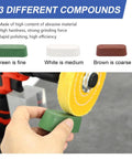 Hand holds green compound from 4 Inch Buffing Wheel Set With Quarter Inch Shank And Half Inch Arbor Soft 30 Ply Fine 50 Ply Medium 38 Ply