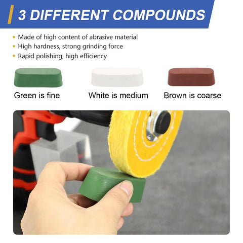 Hand holds green compound from 4 Inch Buffing Wheel Set With Quarter Inch Shank And Half Inch Arbor Soft 30 Ply Fine 50 Ply Medium 38 Ply
