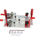 Router Table Coping Sled With Adjustable Rail For Precise Crosscuts, red clamps, silver base, 0-48mm width, for woodworking projects.
