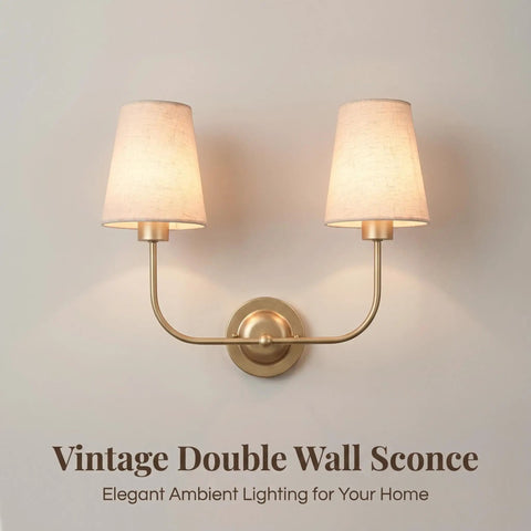 MIKLESLUC Vintage Double Sconce Large Antique 2-Lights Sconces with Flared Funnel Linen Beige Fabric Shade Hardwired Double Wall Sconce E26 Base mounted on a wall.