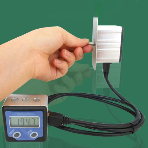Top Tier Digital Angle Gauge With Slick Rotating Shaft And Bullseye Zero Point One Degree Resolution featuring metal base and digital display.