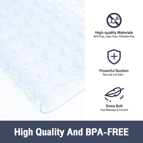 Square Shower Mat And Bathtub Grip Clear Non Slip Tub Floor Cover With Heavy Suction Nubs showing high-quality, BPA-free material and powerful suction.