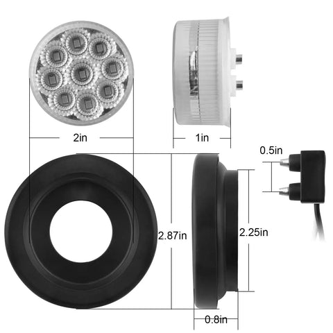 Ten Pack Two Inch Round Red LED Trailer Side Marker Lights Kit with dimensions, clear lenses, and two-prong pigtails.