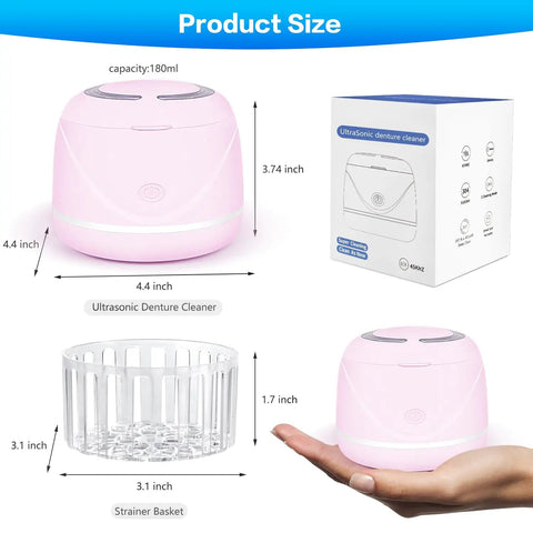 Dual Mode Ultrasonic Cleaner For Dentures Mouth Guards Toothbrush Heads And Jewelry 45 KHz Retainer Cleaner With 5 Minute Quick Blue Light Clean And 3 Minute Deep Purple Light Clean Pink, 180ml, 4.4 inch