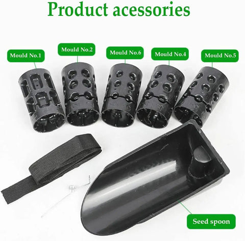 Product accessories for Home Garden Seed Planter And Fertilizer Seeder Precision Manual Seed Dispenser, including molds and seed spoon