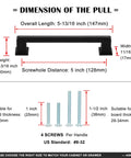 Dimensions diagram of 10 Pack 5 Inch Hole Centers Oil Rubbed Bronze Cabinet Pulls with screws and measurements for installation.