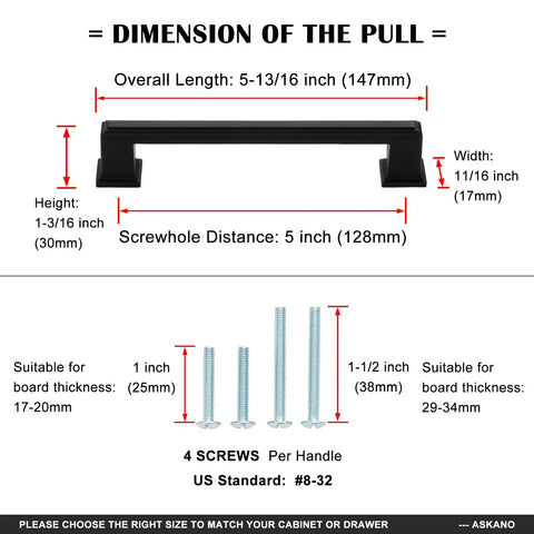 Dimensions diagram of 10 Pack 5 Inch Hole Centers Oil Rubbed Bronze Cabinet Pulls with screws and measurements for installation.