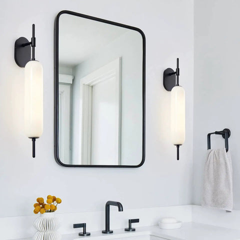 Black Milk Glass Wall Sconces Set Of 2 For Living Room Bedroom Hallway Mid Century Modern Style Lighting Fixtures With Matte Black Canopy And Soft Glass Glow Wall Mount Lamps Ideal For Mirror