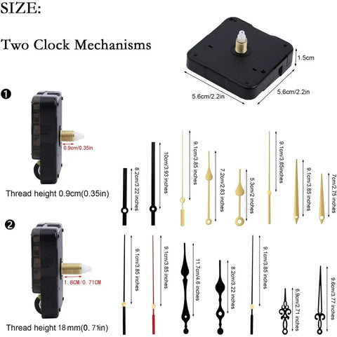 Two Quartz Clock Mechanisms Kit With Five Hands No Battery Required Replacement Movements for DIY wall clocks size chart