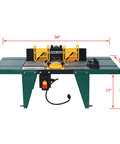 Heavy Duty Benchtop Router Table Featuring Dual Extension Wings And Smooth Glide Fence With Reliable Motor Mounts For Badass Woodworking Projects And Killer Shop Setup Today, front view with dimensions.
