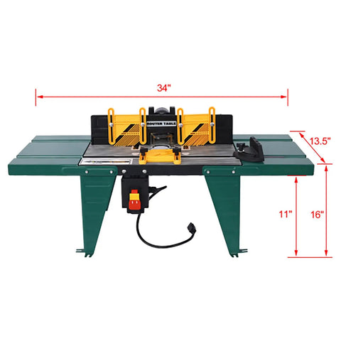 Heavy Duty Benchtop Router Table Featuring Dual Extension Wings And Smooth Glide Fence With Reliable Motor Mounts For Badass Woodworking Projects And Killer Shop Setup Today, front view with dimensions.