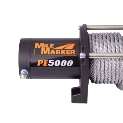 Mile Marker PE5000 winch front view with steel cable