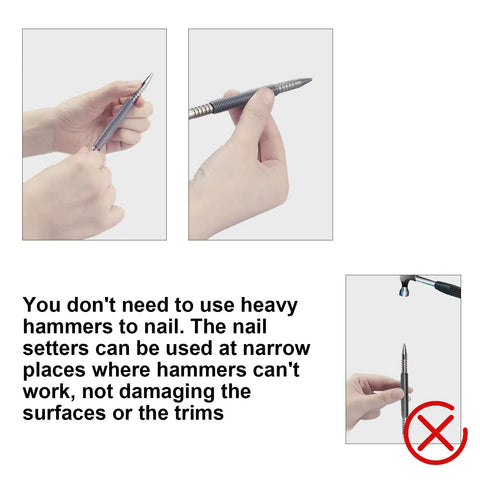 Demonstration of Dual Head Nail Setter Set with Spring Loaded, Hammerless Design, used for precise nailing in tight spaces.