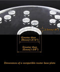 11 Piece Brass Router Template Bushing Guide Set For Woodworking And Cabinetry, showing compatible router base plate dimensions.