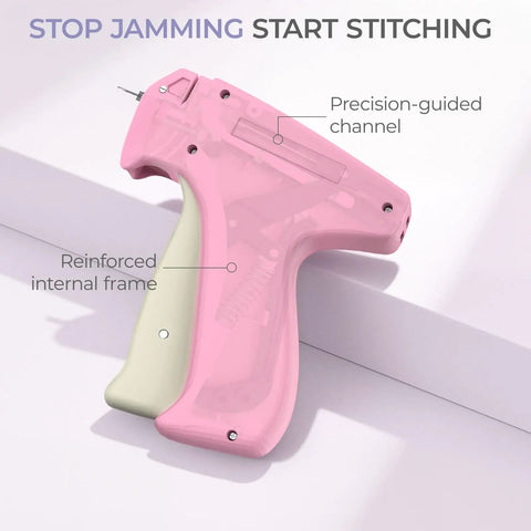 Dang Quick Stitch Gun For Clothes, Lightning Fast Sewing Mender With Micro Fasteners, Slick handheld tool front view, pink color.