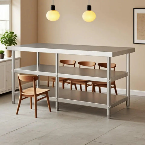 Heavy Duty Three Layer Stainless Steel Workbench Kitchen Countertop Rock Solid Prep Table With Adjustable Legs and two shelves.