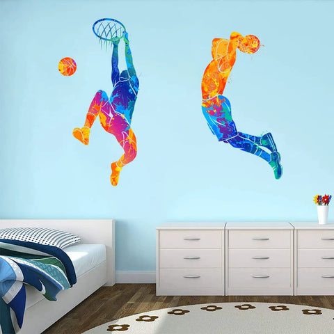 Watercolor Basketball Player Dunk Wall Stickers Dope For Boys And Teens Silhouette Peel And Stick Removable Wall Decor Art Murals For Kids Room Playroom Baby Nursery Classroom on blue wall above white furniture.
