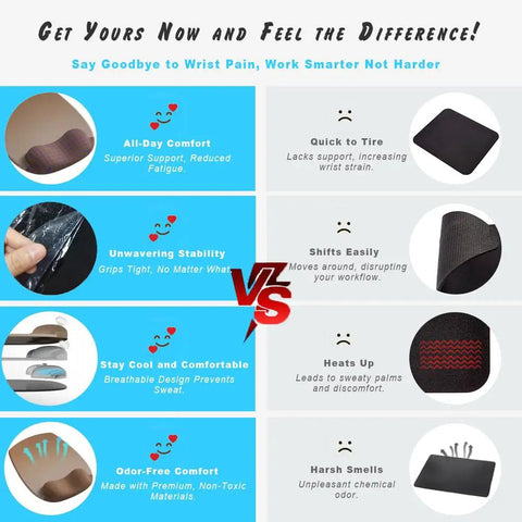 Comparison chart showing benefits of the Gel Wrist Rest Mouse Pad With Contoured Cushion For Ergonomic Comfort, Sage Green Desk Accessory For Women