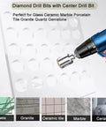 2-1/4in diamond hole saw with center pilot bit mounted on a blue drill for drilling glass, ceramic, marble, granite