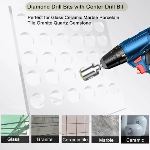 2-1/4in diamond hole saw with center pilot bit mounted on a blue drill for drilling glass, ceramic, marble, granite