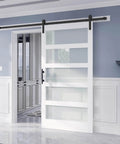 42x84 Inch Glass Barn Door Slab With 7Ft Sliding Hardware Kit And Handle, featuring five frosted glass panels installed in room