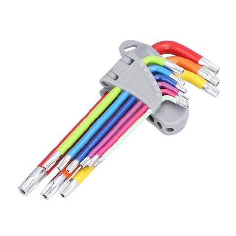 Kickstart Your Home Repair Game With This Hottest 9 Pcs Arm Hex Wrench Set Featuring Gnarly Color Coding And Solid Metal Star Hex Keys For Pro Level Maintenance, Fixing, And All Your Daily DIY Projects Without The Stress. Color-coded 9-piece Torx wrench set with gray holder and metal tips