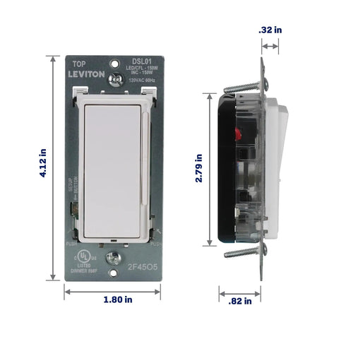 Decora Slide LED Dimmer Switch For 150W Dimmable LED Halogen And Incandescent Bulbs White DSL01 LW front and side view