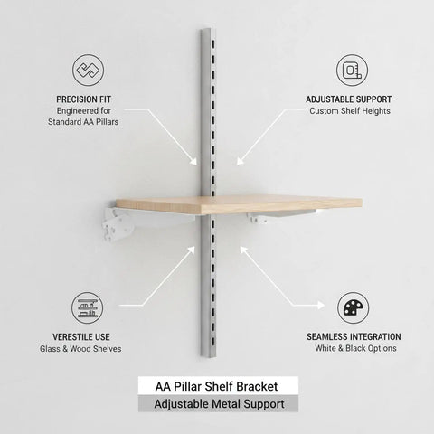 Adjustable Pillar Shelf Bracket for Retail Displays and Modular Shelving, metal support, AA slotted upright, wood shelf