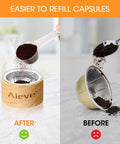 Reusable Vertuo Capsule Kit For Nespresso Pods With 80 Pcs Capsules Aluminum Foil Seals And Lids Capsule Holder Coffee Scoop And Brush shown before and after refills