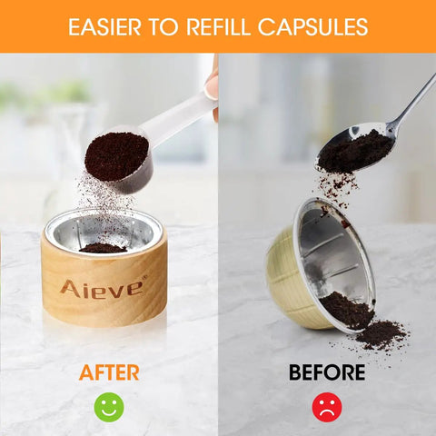 Reusable Vertuo Capsule Kit For Nespresso Pods With 80 Pcs Capsules Aluminum Foil Seals And Lids Capsule Holder Coffee Scoop And Brush shown before and after refills