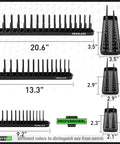 6-Piece Socket Organizer Tray for SAE and Metric Sockets, 1/4, 3/8, and 1/2 Inch Drive, multiple sizes and dimensions shown