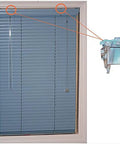 Two Piece Clear Concealed Mounting Brackets For One Inch Vinyl Or Aluminum Mini Blinds Heavy Duty Plastic Build Provides Dead Simple Install And Slick Look For Fast Home Makeovers shown mounted above blue mini blinds.